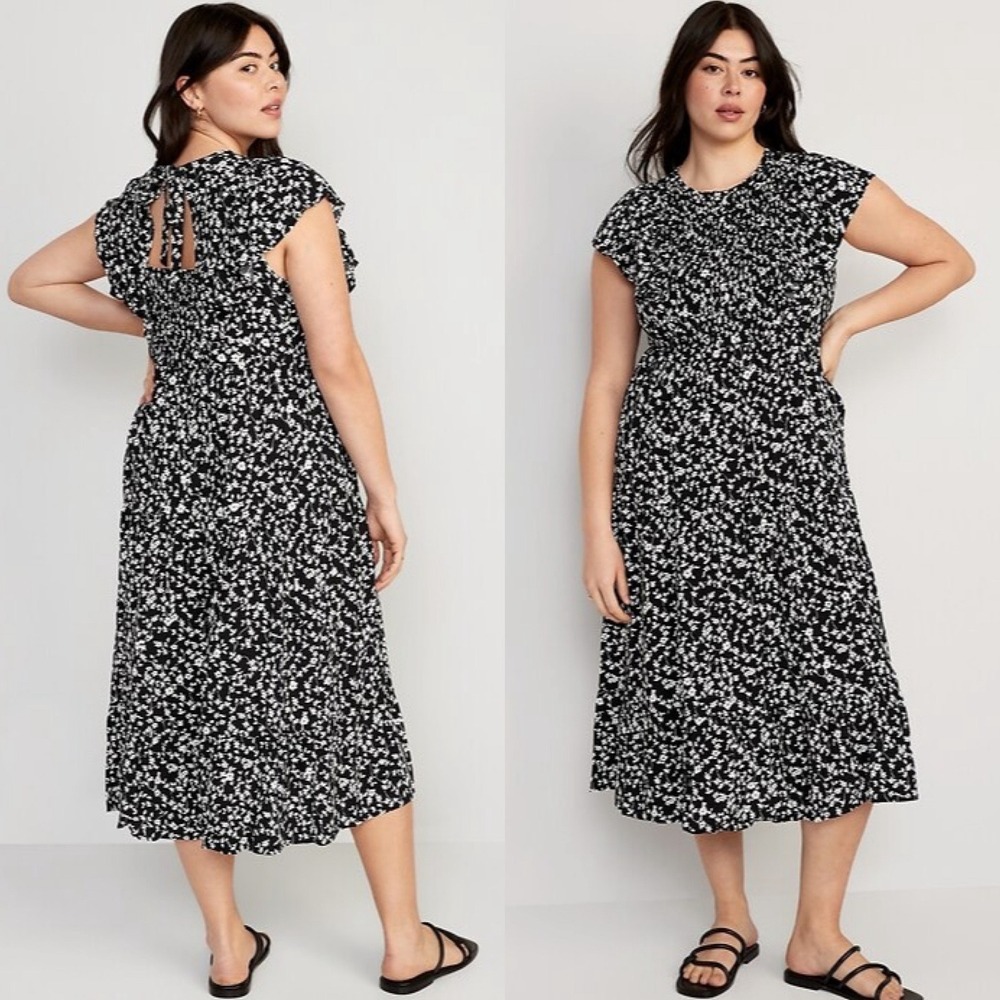 Old Navy Womens 2X Black Floral Ruffle Sleeve Tiered Maxi Dress Keyhole Tie Back